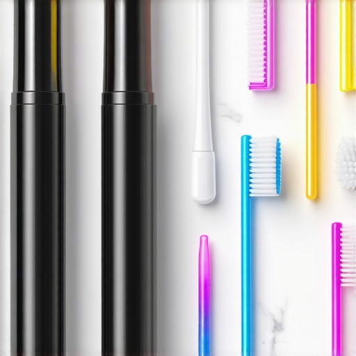 Professional dental cleaning tools including a water flosser and interdental brushes for crown care.