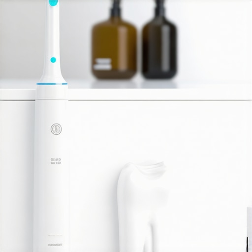 A water flosser and dental crown model showing modern home care tools.
