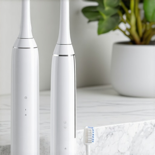 High-tech water flosser and toothbrush for maintaining pink gums and dental crowns.