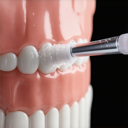 Close up of a water flosser cleaning dental work to prevent bacteria buildup.