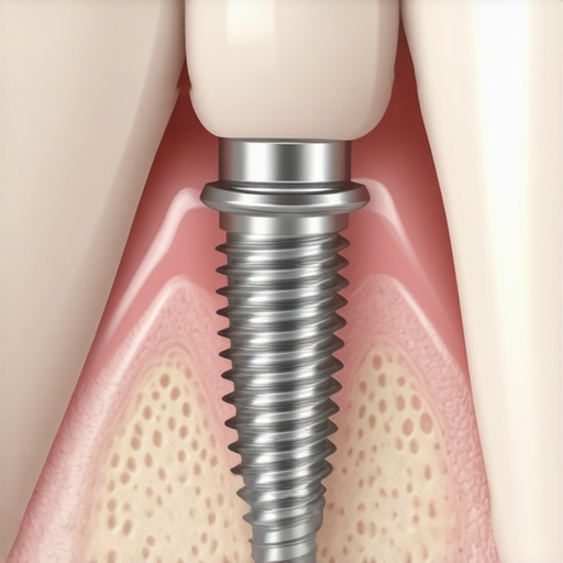3D diagram of a dental implant showing how the crown and abutment connect to the titanium post.
