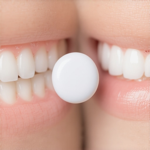 Person placing a small white Xylitol disc on their gums to treat xerostomia and protect dental work.