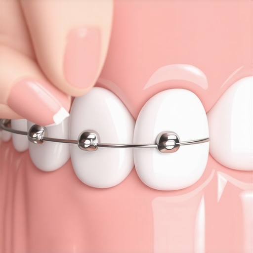 A person applying protective dental wax to a bracket on their teeth