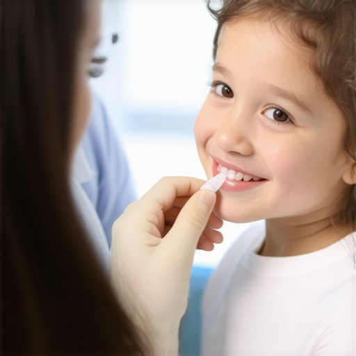 Pediatric dentist demonstrating tooth remineralization treatment to a parent