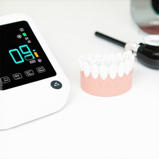 An electronic blood pressure monitor sitting next to dental instruments in a clinic setting.