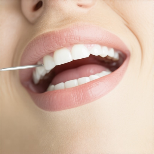A dentist checking for high spots on a porcelain crown using blue articulating paper.