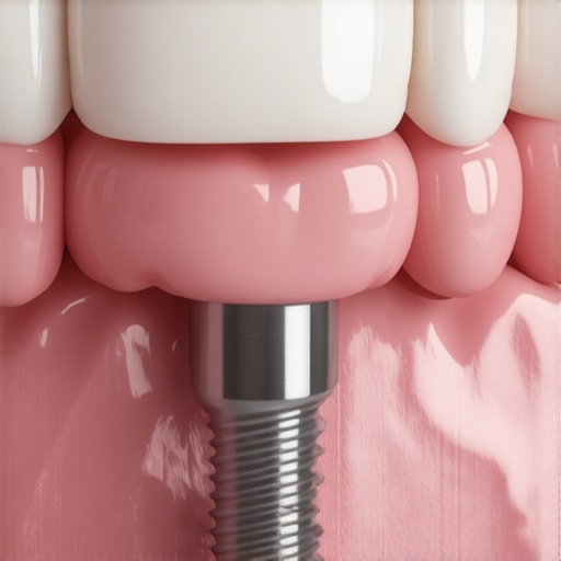A close-up of healthy pink gum tissue successfully fused around a dental implant.