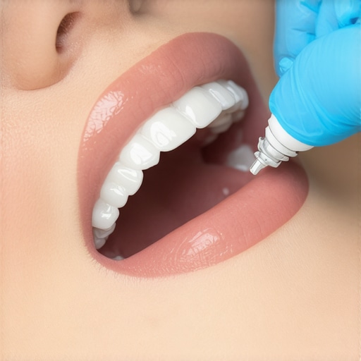 Dentist performing a bite adjustment on a new dental crown using blue marking paper.
