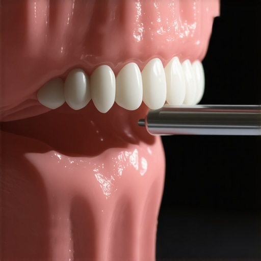 A dental professional uses a probe to inspect the seal between a porcelain crown and the gumline.