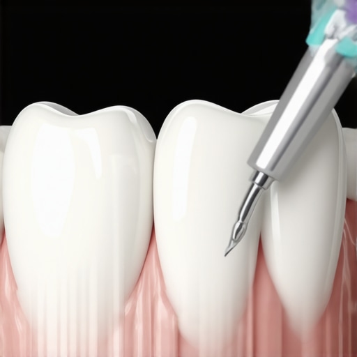 A dentist examining the gum line of a porcelain dental crown to ensure a healthy seal.