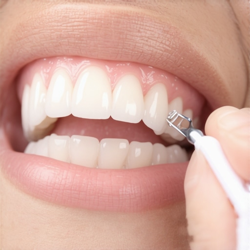 Demonstration of how to clean under a dental bridge to maintain oral hygiene.