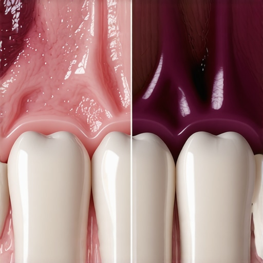 Close up of gum inflammation near a dental crown showing purple discoloration.