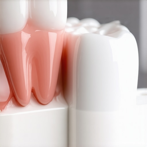 Comparison of a natural-looking ceramic crown and an old-style crown with a dark metal line at the gum.