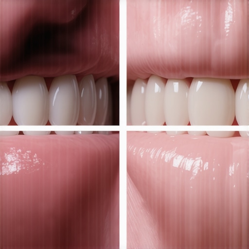 Close up of a dental crown comparison showing the removal of dark gumline shadows using modern porcelain.