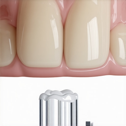 A side-by-side comparison of an old metal-fused crown causing dark gums versus a modern ceramic dental crown.