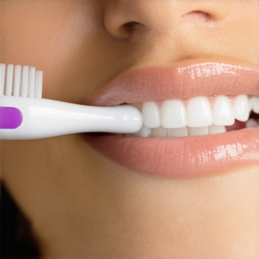 Close-up of holding an electric toothbrush at a 45-degree angle with light pressure to prevent bleeding gums.