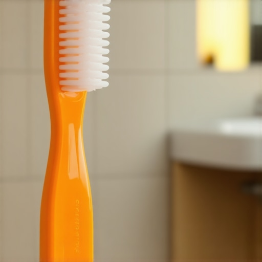 A small grain-of-rice sized smear of fluoride toothpaste on a child's toothbrush bristles.
