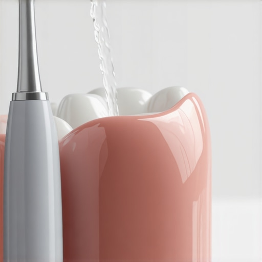 Close-up of a water flosser tip cleaning the margin between a dental crown and the gum line at a 90-degree angle.