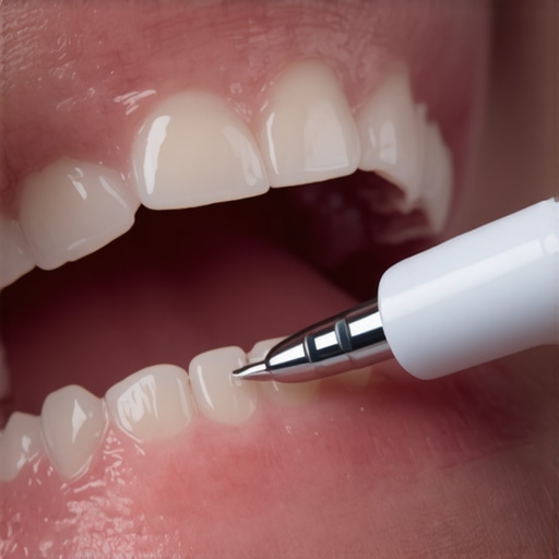 Dentist using a blue curing light to harden composite resin on a front tooth gap