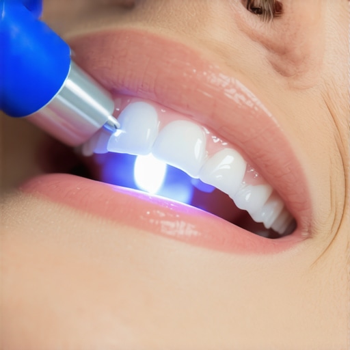 Dentist using a blue curing light to harden composite resin on front teeth