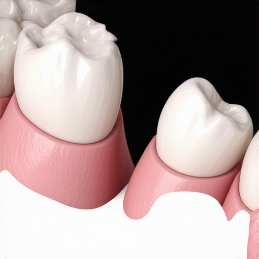 A detailed view of a dental crown meeting the natural tooth at the gum line.