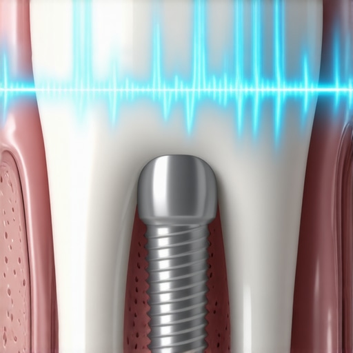 Dental Implant Resonance Visualization An illustration showing how sound waves travel through a dental implant post in the jawbone.