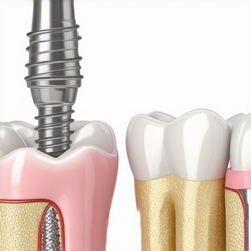Diagram showing the structural differences between a dental implant and a dental bridge in the jaw.