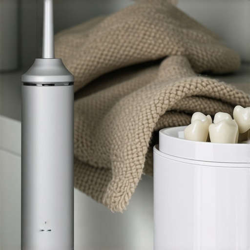 A modern water flosser and dental care tools highlighting winter oral health maintenance.