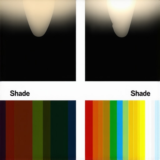 Comparison of tooth shade guides under artificial and natural light to demonstrate color shifts.