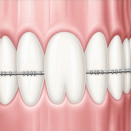 A dental splint using wire and resin to hold a loose adult tooth in place during the healing process.