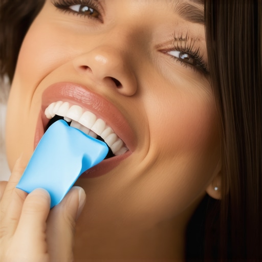 A patient using blue articulating paper to help a dentist identify a high filling.