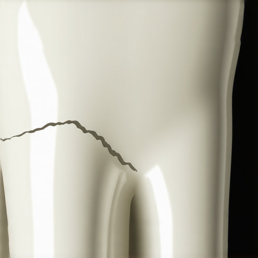 Close-up of a hairline fracture in a porcelain dental crown.