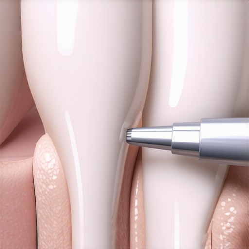Close-up of a dental tool inspecting a veneer for leakage
