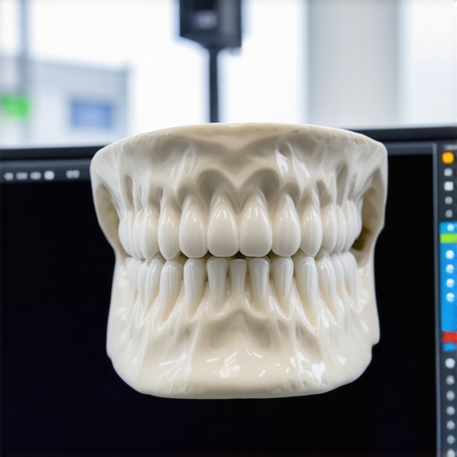 A 3D digital scan of teeth on a monitor showing the precision of modern dental crown fitting.