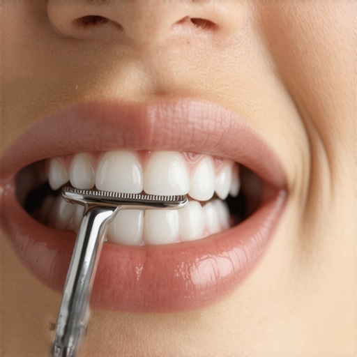 A person using a metal tongue scraper to remove bacteria and improve oral hygiene.