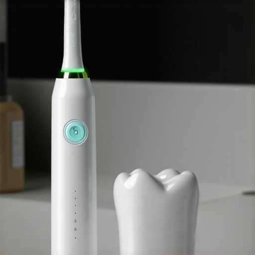 Electric toothbrush showing green light for safe pressure on gums