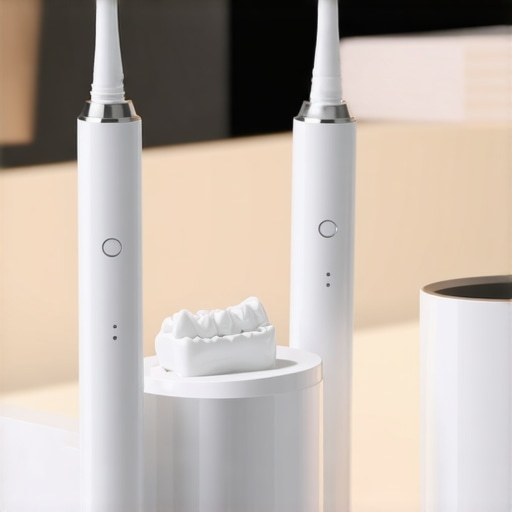 High-tech dental tools including a water flosser and night guard on a counter.