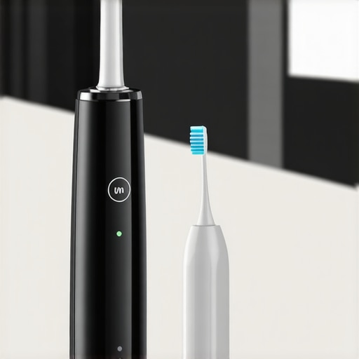Modern sonic toothbrush and water flosser on a bathroom counter.