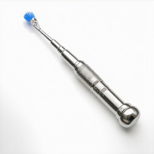 A dental torque wrench and interproximal brushes used for crown and implant care.