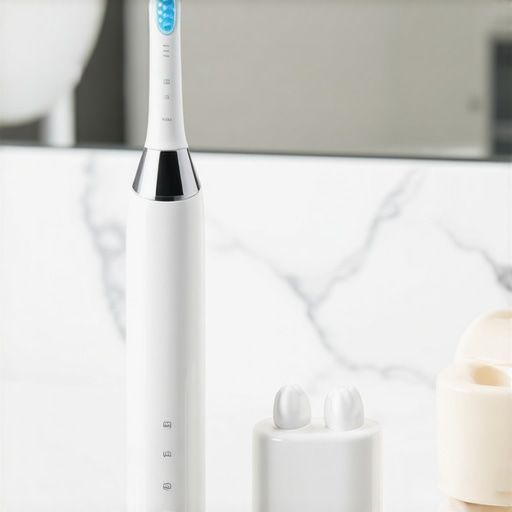 Sonic toothbrush and Waterpik on a marble counter for dental maintenance