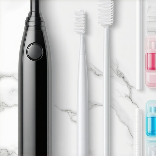 Close-up of a water flosser and interdental brushes used for braces and crown maintenance.