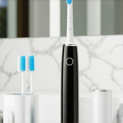 Electric toothbrush and water flosser on a bathroom counter representing crown care tools.