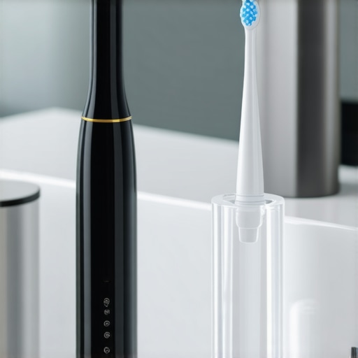 A water flosser and dental night guard on a bathroom counter for oral health maintenance.