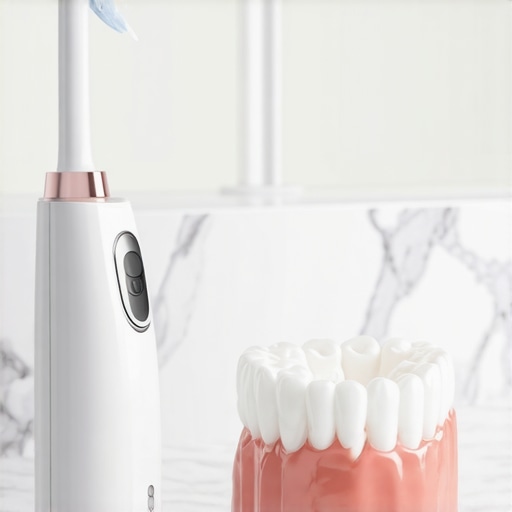 Modern dental care tools including a water flosser and night guard next to a 3D jaw model.