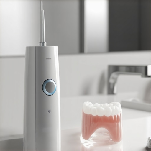 A water flosser and night guard on a bathroom counter for crown and bridge care.