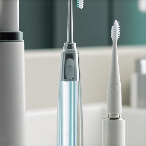 High-end water flosser and custom night guard on a bathroom counter for veneer maintenance.