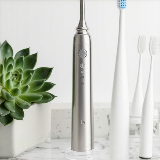 A collection of dental maintenance tools including a tongue scraper and water flosser on a bathroom counter.