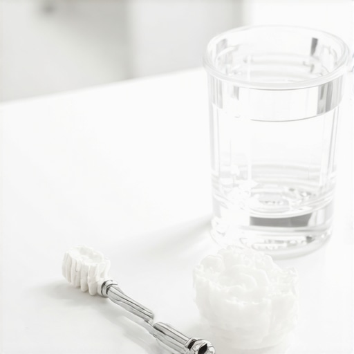 An interdental brush and dental crown model on a bathroom counter