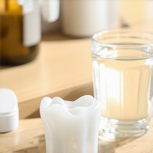 A clear dental night guard being prepared for cleaning with a toothbrush.