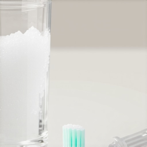 Gentle Dental Implant Aftercare Supplies A glass of saltwater and a toothbrush for dental implant recovery